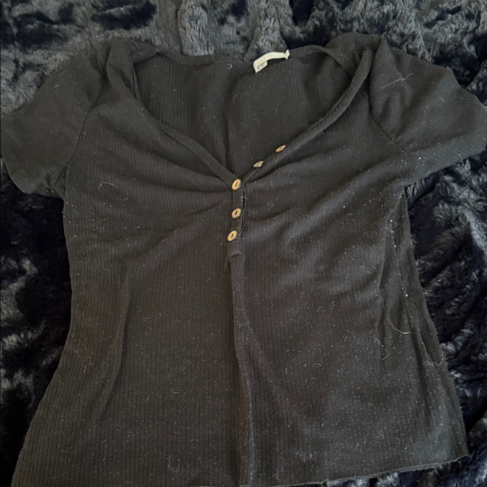 Heart & Hips Charcoal Button-Down Ribbed Blouse